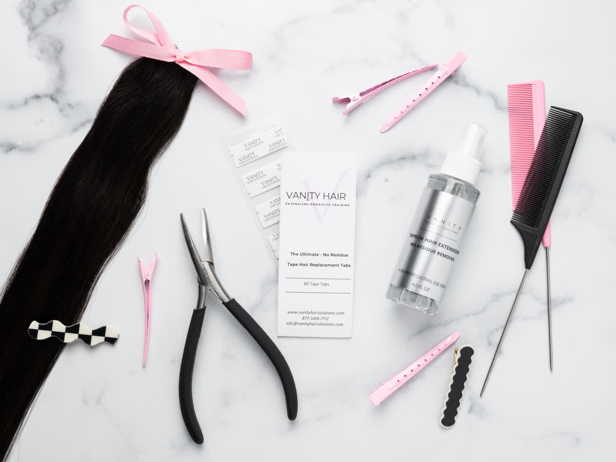 Vanity remover bottle, replacement tab card and black application pliers